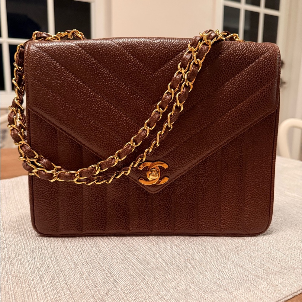 ✨ Vintage CHANEL Brown Coco Caviar Chevron Flap Bag | 24k Gold-Plated Hardware ✨